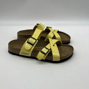 Vtg Birkenstock Yellow Patent Leather Papillio Criss Cross Slides Womens 7 (38)‎